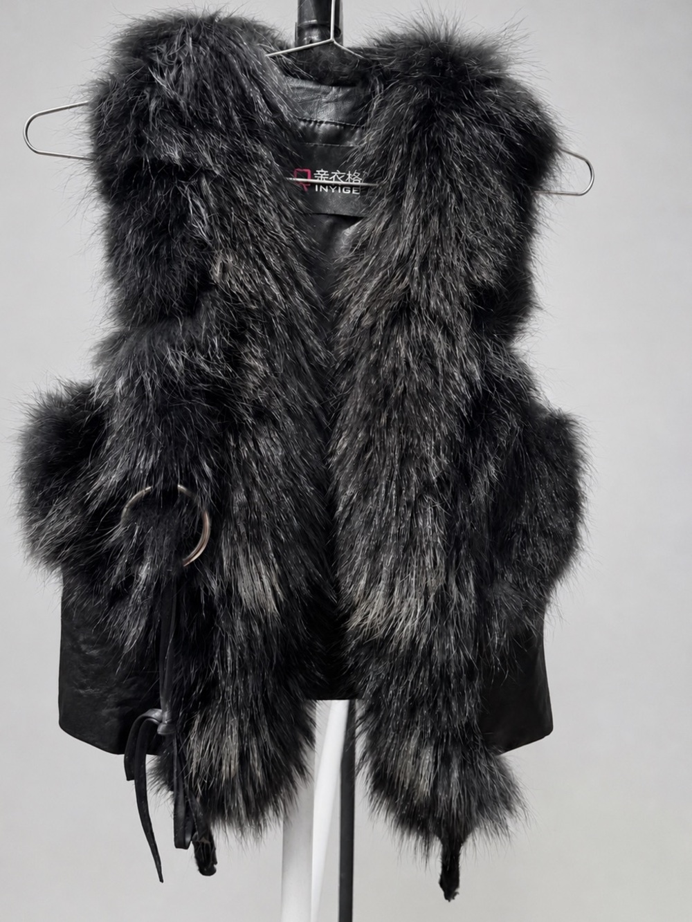 Vintage Real Fur & Leather Vest Y2K Archive Mob Wife Black Fur Tie Vest